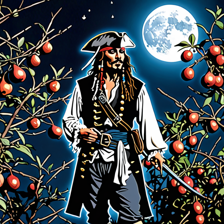 captain jack sparrow standing in the crow's nest of the black pears at night looking at the moon