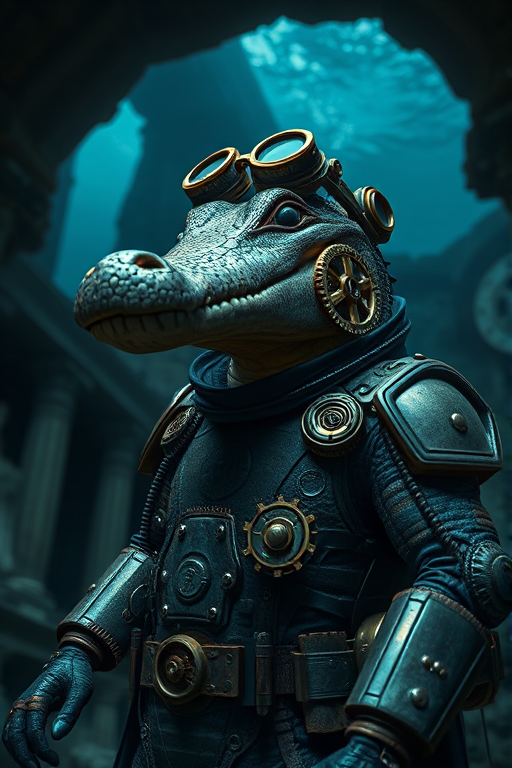 A detailed steampunk alligator character in a mechanical suit with intricate gears and goggles, set against a dark, atmospheric background of underwater ruins, captured with a Canon EOS R5, 50mm lens, f/1.8, ISO 200, and low angle shot for dramatic effect.