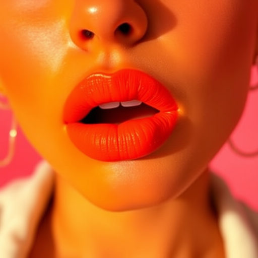Neon orange lips with a matte finish, vibrant and eye-catching, perfect for making a bold statement and standing out in a crowd