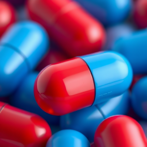 Create a high-quality digital illustration of a blue and red capsule pill with a glossy finish, shot in a macro view using a DSLR camera at f/2.8 aperture, ISO 100, and 1/60 second exposure for crisp detail and vibrant colors.