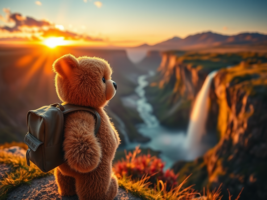 Create a vibrant landscape image of a teddy bear with a backpack overlooking a majestic waterfall and mountains during sunset, use a DSLR camera with a 24mm lens, aperture f/8, ISO 100, and a low angle view to enhance depth and detail.