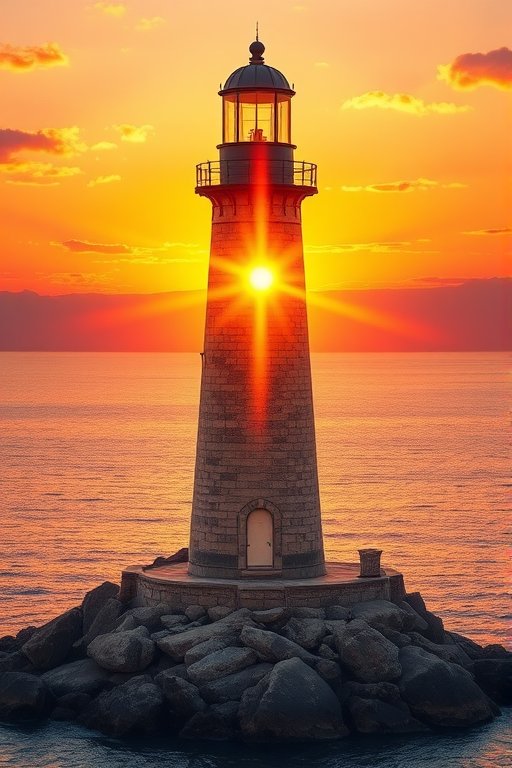 Generate an image of a tall lighthouse perched on a rocky outcrop surrounded by calm ocean waters during a breathtaking sunset. The lighthouse stands sturdy and weathered, its stone surface illuminated by the warm golden light of the setting sun. The sun's rays pass directly through the glass lantern room at the top of the lighthouse, casting a brilliant light across the scene. The sky is painted with vibrant shades of orange, pink, and purple, reflecting off the tranquil sea. The surrounding water shimmers with the same warm hues, creating a serene and majestic atmosphere.