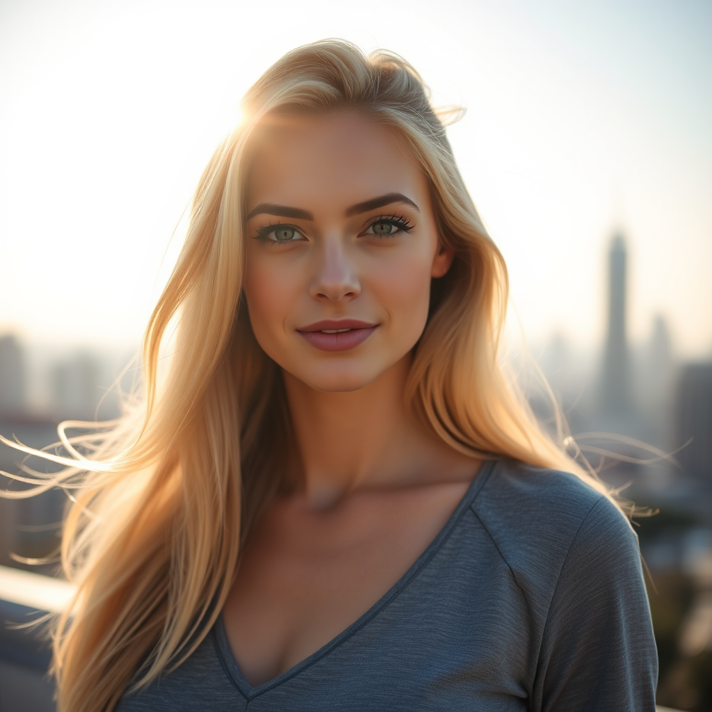portrait of a blonde woman in a gray top with long flowing hair, soft sunlight illuminating her face, city skyline in the background, DSLR camera, 50mm lens, f/1.8 aperture, ISO 100, golden hour lighting, shallow depth of field