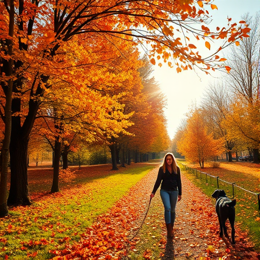 Colorful autumn landscape, with leaves falling gently from trees, a woman walking her dog along a leaf-strewn path, and the sun shining warmly through the branches.