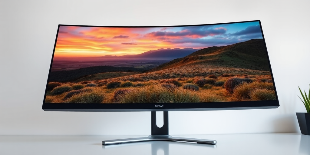 A high-resolution image of a modern computer monitor displaying a scenic landscape with colorful sunset hues, shot in 4K resolution using a wide-angle lens at f/4 aperture, ISO 100, and a 1/60 second shutter speed, framed from a low angle to emphasize the sleek design and clarity of the screen.
