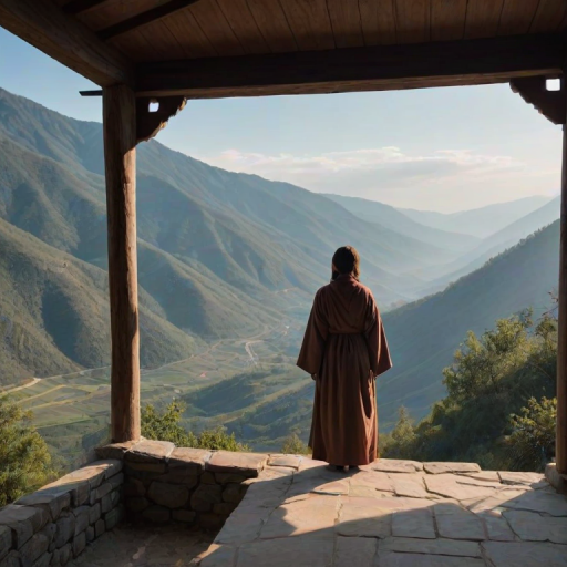 Serene hilltop monastery, a woman dressed in simple robes stands by the entrance, the sound of a distant bell ringing in the crisp mountain air as she gazes out over the valley below.