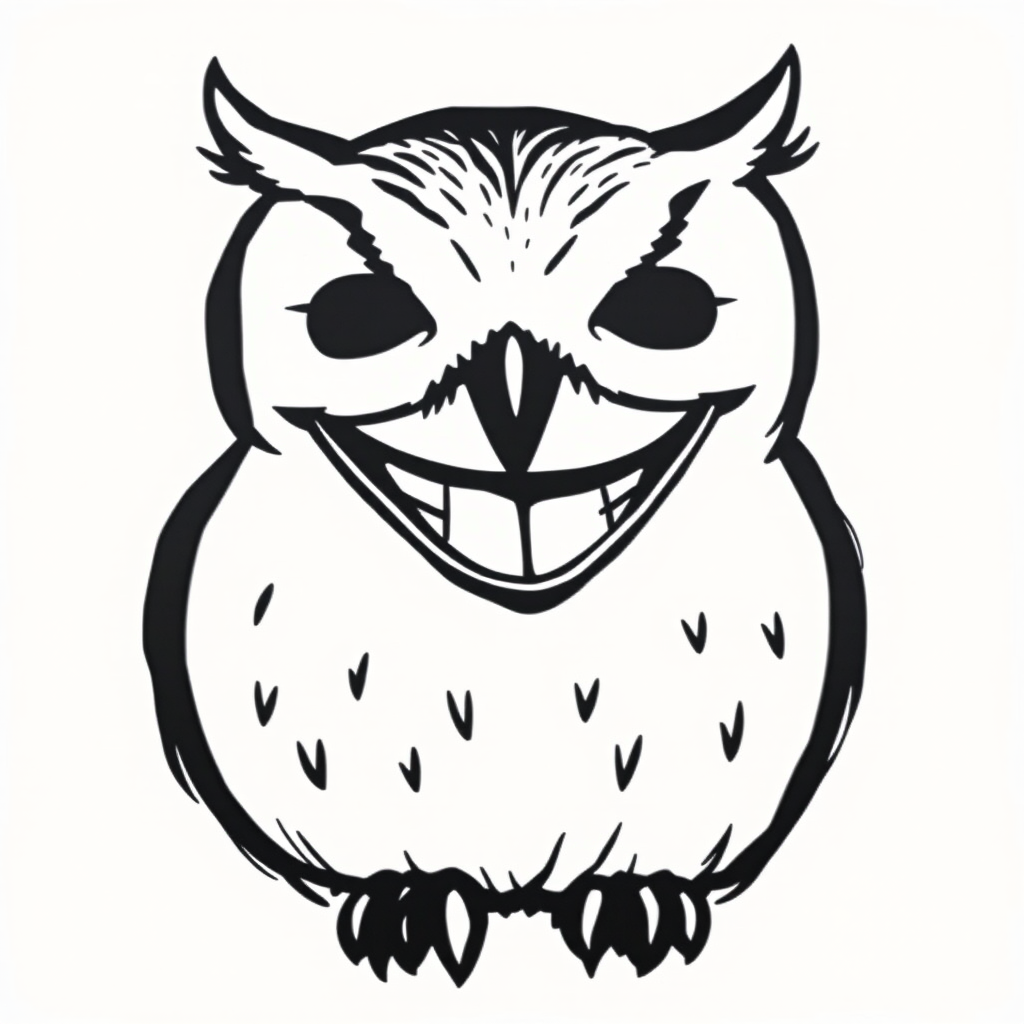 Abstract black and white acrylic portrait of an over exaggerated laughing (owl). Minimalism style. White background.