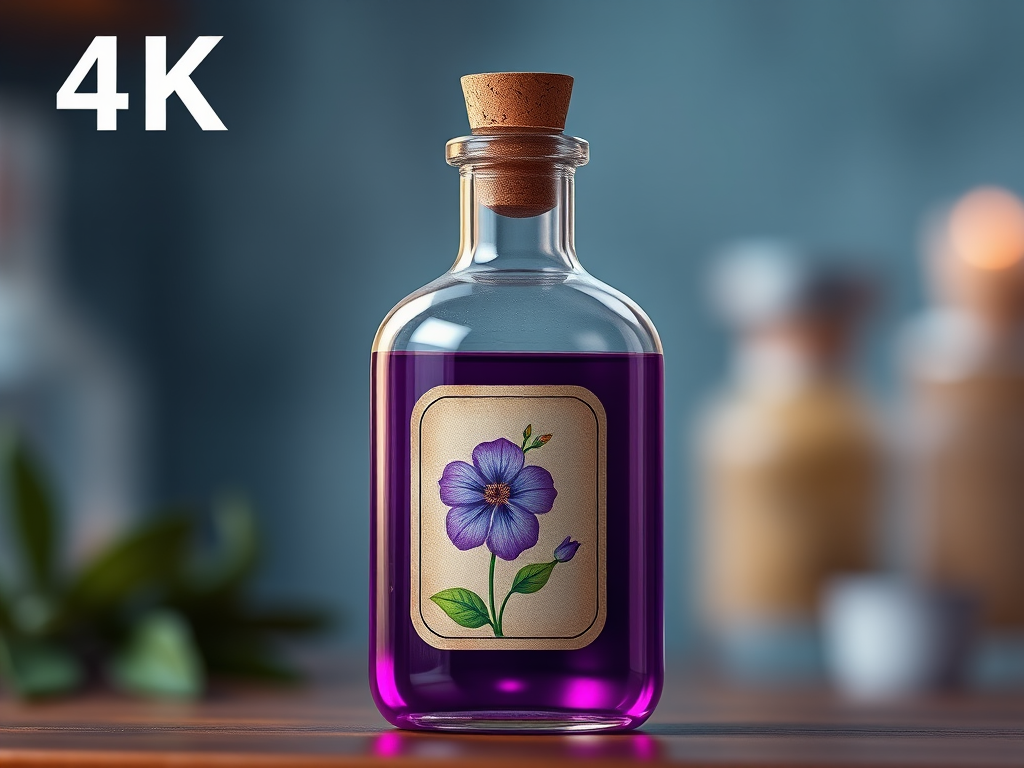 Create a digital illustration of a vintage glass bottle with a cork stopper filled with purple liquid, featuring a label with a simple design of a purple flower and green leaves, using a soft focus effect, lighting that highlights the glass, shot from a slightly elevated angle, with a resolution of 4K.