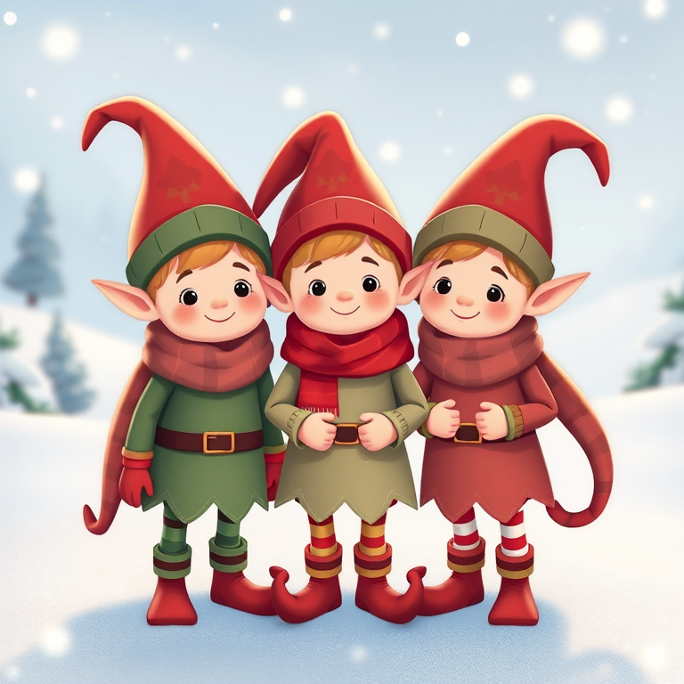 Create a festive illustration of three cartoon elves standing together in a snowy landscape, using a soft pastel color palette, with a shallow depth of field, shot from a slightly low angle, with a Canon EOS R5, f/4 aperture, ISO 100, and 35mm lens to enhance image quality.