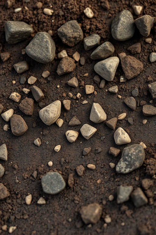 A detailed cross-section of soil with realistic textures, including various sizes of rocks embedded in the dark brown earth, soft lighting, shot from a low angle, using a DSLR camera with a 50mm lens at f/8, ISO 100, and 1/125 sec exposure.