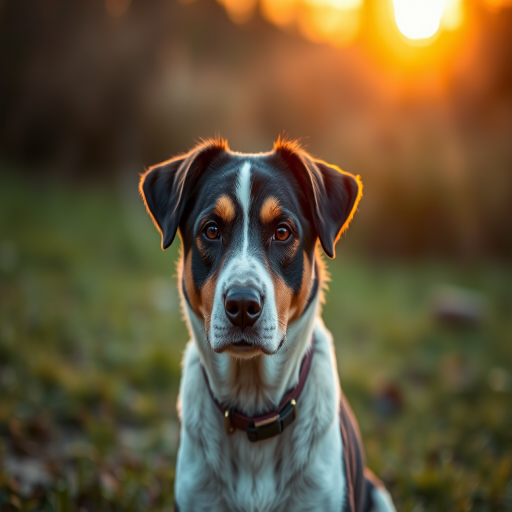 Generate an image of a sitting dog with a sharp focus on its face in a natural setting during golden hour with soft, warm lighting, using a DSLR camera with a 50mm lens, aperture set to f/1.8, ISO 200, and shutter speed of 1/200s.