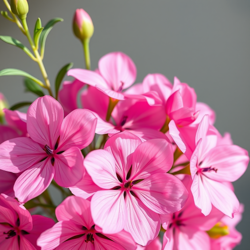 Create a vibrant and detailed image of a bouquet of pink flowers with soft watercolor effects, focused close-up at f/2.8 aperture, ISO 100, using a Canon EOS R with a 50mm lens in natural daylight for enhanced clarity and color saturation.