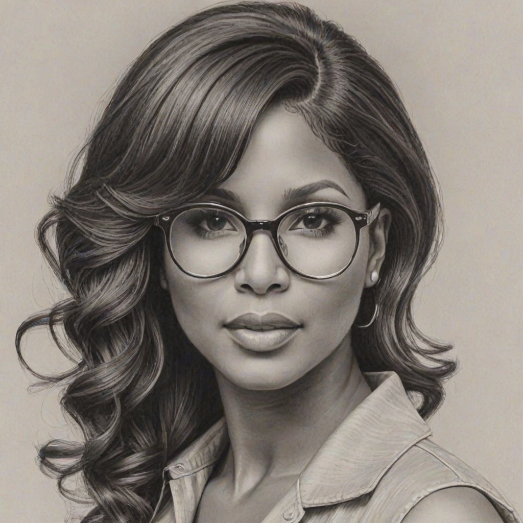 Stunning Toni Braxton, pencil sketch, portrait of Captivating woman 1957s in glasses, hair style beatnik, outline, clear lines, fine lines, 8k