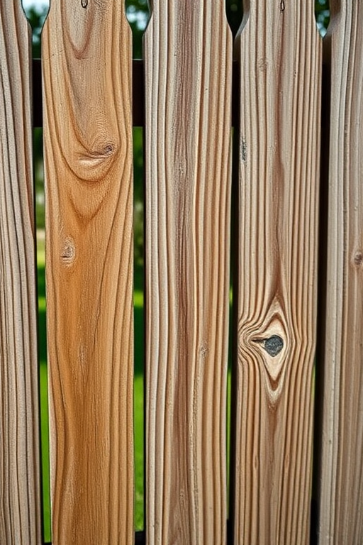 Create an image of a wooden fence with clear details and texture, using a DSLR camera with a 50mm lens at f/1.8, ISO 200, and a shutter speed of 1/100 sec, captured in natural daylight from a straight-on view, focusing on the grain and imperfections of the wood for enhanced depth and quality.