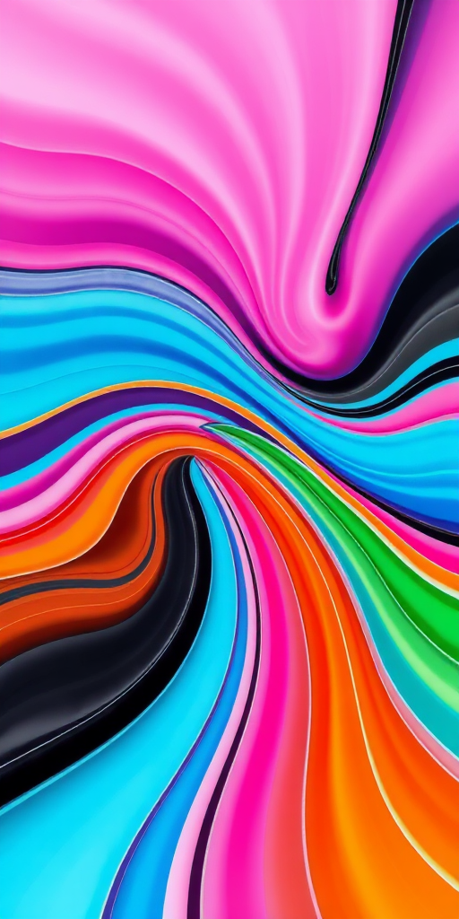 Create an abstract design featuring vibrant, flowing lines in shades of pink, blue, orange, green, and black, using a digital camera with a wide-angle lens at f/8 aperture, ISO 100, and a shutter speed of 1/60 sec, capturing the image from a top-down perspective to enhance the colors and patterns.
