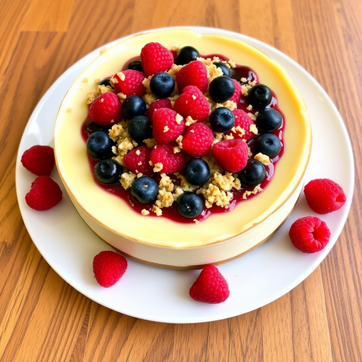 A delicious cheesecake topped with a layer of mixed berries and a crumbly topping, placed on a white plate with fresh raspberries scattered around, set on a wooden surface.