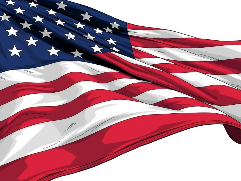 create a detailed illustration of a waving American flag with strong lines and shading, using a DSLR camera, 50mm lens, f/2.8 aperture, ISO 100, capture from a low angle to emphasize texture and depth.