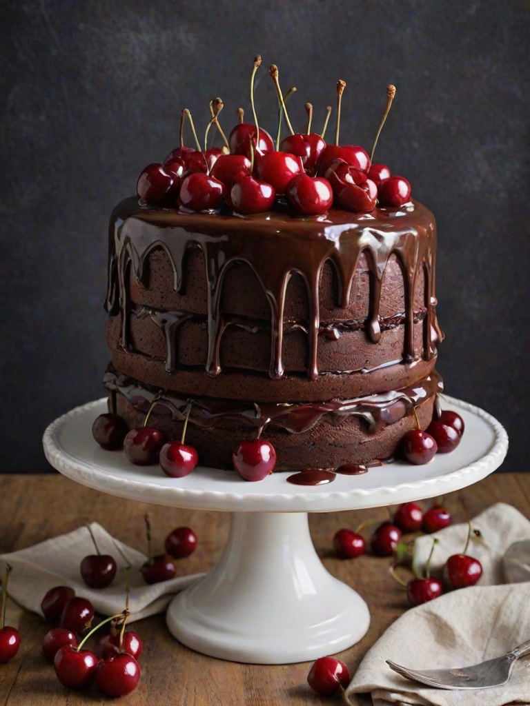 Create an image of a three-layer chocolate cake with rich chocolate ganache on top, adorned with fresh cherries. The layers should be filled with whipped cream and a layer of cherry filling in between. The cake should be presented on a simple white cake stand against a bright, neutral background.