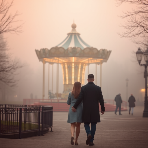 a couple walking hand in hand towards a vintage carousel in a foggy urban landscape, soft pastel colors, ethereal atmosphere, shot with a DSLR camera, 50mm f/1.8 lens, aperture set at f/2.8, ISO 200, slightly overexposed to enhance brightness, shallow depth of field to blur the background, golden hour lighting for a warm glow