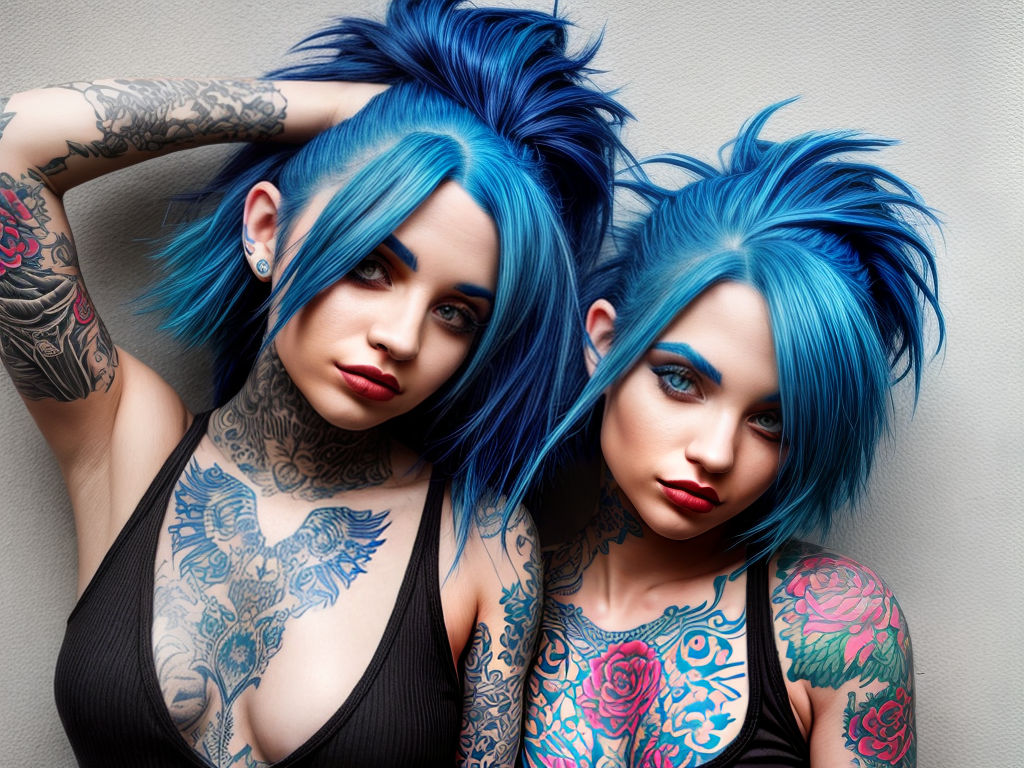 a photo of a beautiful girl with blue hair and tattoos