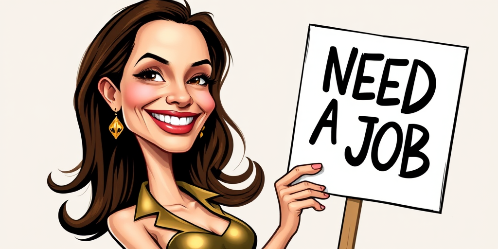 caricature of a smiling Angelina Jolie in a Brass dress or suit, holding up a sign that says "NEED A JOB", no watermark,