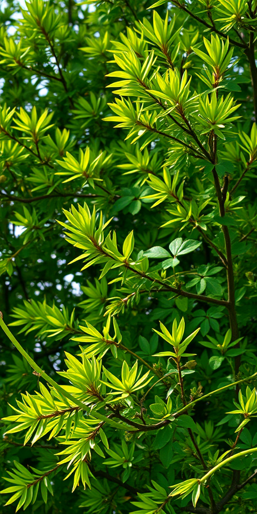 Generative image of a lush green tree with detailed foliage, focusing on vibrant colors and intricate textures, captured with a Canon EOS R5, 50mm lens, f/1.8 aperture, ISO 100, in natural lighting to enhance image quality.
