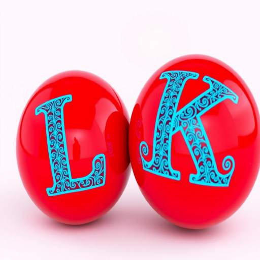 Generate an image of two glossy red spheres with intricate blue patterned letters "L" and "K" on each sphere, use a DSLR camera, aperture f/2.8, ISO 100, focal length 50mm, taken from a slight low angle for depth.