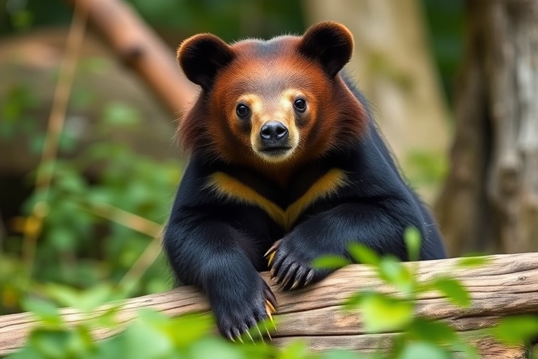 Capture a close-up of a sun bear sitting on a log in natural habitat, with a shallow depth of field, ISO 100, aperture f/2.8, shutter speed 1/250 sec, using a full-frame DSLR, 50mm lens, natural light to enhance colors and details.