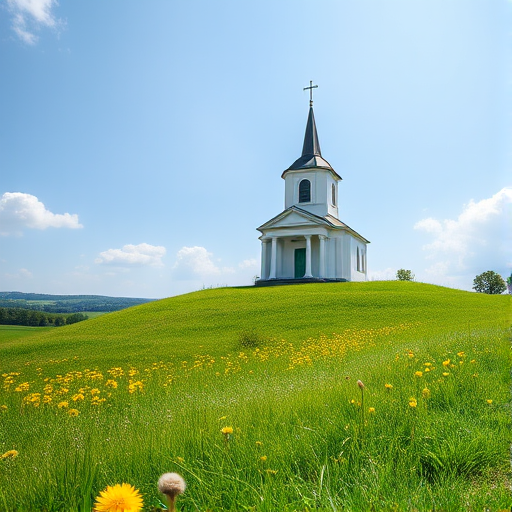 a picturesque landscape featuring a quaint church on a gentle hill with vibrant green grass and scattered dandelions during a sunny day, shot in high resolution with a DSLR camera at f/8, ISO 100, shutter speed 1/200 sec, wide-angle lens for expansive view, soft natural lighting with a focus on color contrast and sharpness