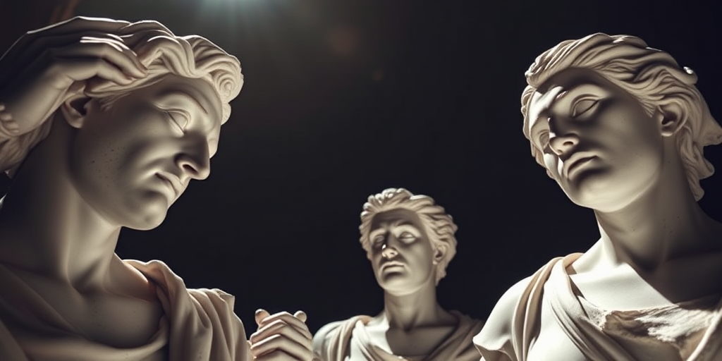 Capture a high-resolution image of three marble sculptures in a dramatic interplay of light and shadow, using a DSLR camera with a 50mm lens, aperture set to f/1.8 for a shallow depth of field, ISO 200 to reduce noise, and a low-angle perspective to emphasize the details and expressions of the statues against a dark background.