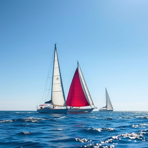 Create a vibrant image of sailboats on a sparkling ocean with a clear blue sky, shot with a DSLR camera at f/8 aperture, 1/500 sec shutter speed, ISO 200, taken from a low angle with a wide-angle lens to capture the detail of the water and boats.