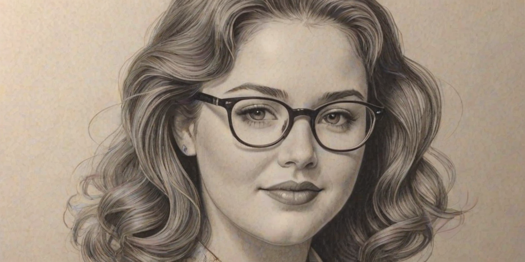 Enchanting Kether Donohue, pencil sketch, portrait of Gorgeous woman 1942s in glasses, hair style beatnik, outline, clear lines, fine lines, 8k