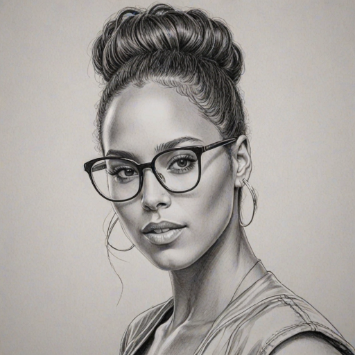 Fascinating Alicia Keys, pencil sketch, portrait of Attractive woman 1969s in glasses, hair style beatnik, outline, clear lines, fine lines, 8k