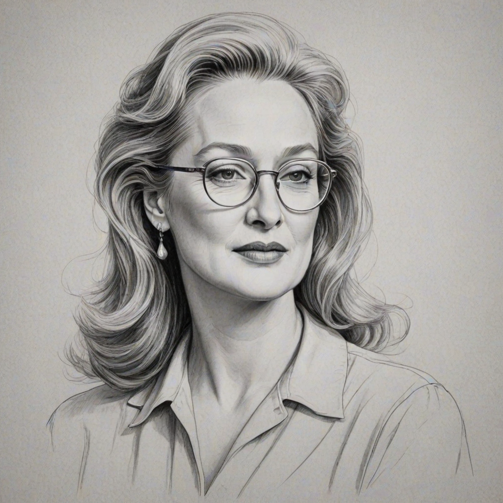 Graceful Meryl Streep, pencil sketch, portrait of Elegant woman 1943s in glasses, hair style beatnik, outline, clear lines, fine lines, 8k