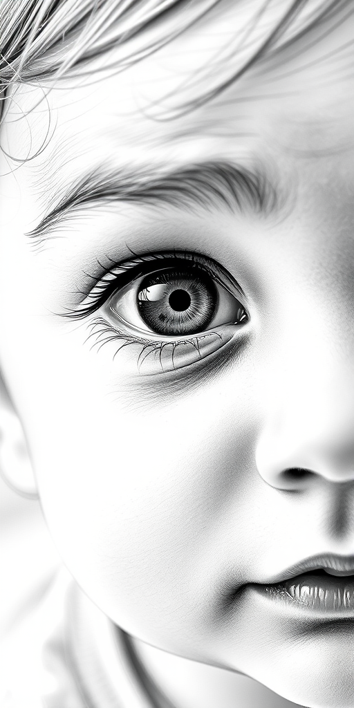 A hyperdetailed photorealistic black and white sketch of a beautiful toddler with deep white eyes, with a macro focus