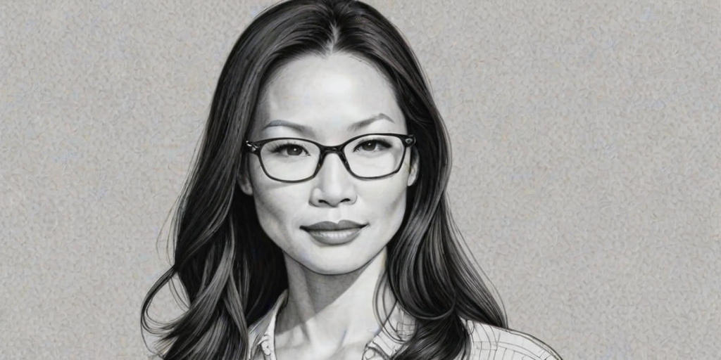 Lovely Lucy Liu, pencil sketch, portrait of Lovely woman 1937s in glasses, hair style beatnik, outline, clear lines, fine lines, 8k