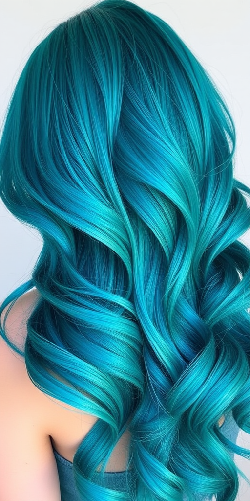 Vivid teal hair color styled in mermaid waves with subtle silver accents, the Ocean Siren style embodies mystical beauty and underwater enchantment