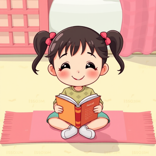 Create a high-resolution cartoon illustration of a girl with a cheerful expression sitting on a pink mat while reading a book, using a Canon EOS R5 camera with a 50mm lens at f/1.8, ISO 100, and a top-down view to enhance image quality and detail.