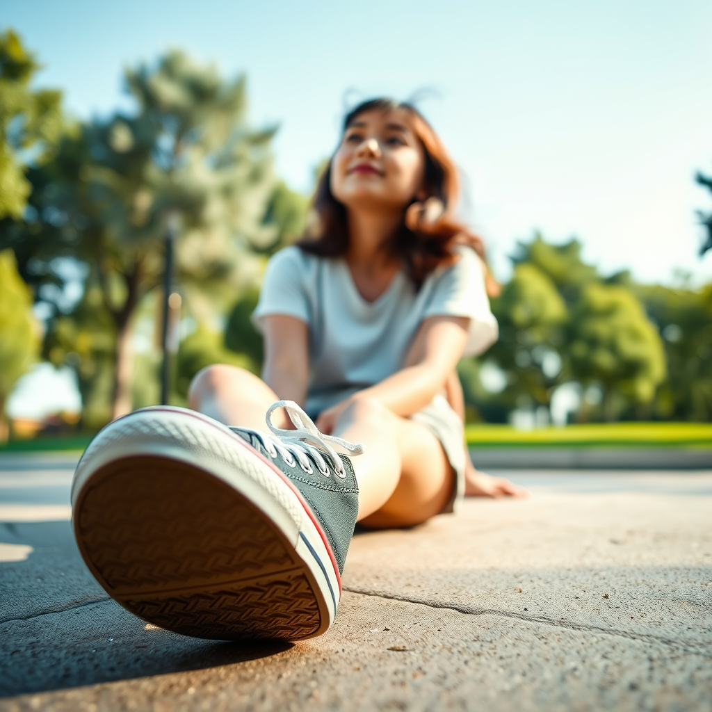 Generate an ultra-realistic, highly detailed, high-definition photograph. It's a photo of a girl sitting on the floor. She's looking at the horizon. The photo is taken from the bottom up, at ground level. The girl's sneakers are in the foreground, in the center of the scene. The girl is wearing light clothes, a t-shirt and short shorts. The sky is blue. Bright environment. The background is a blurred image of a park.