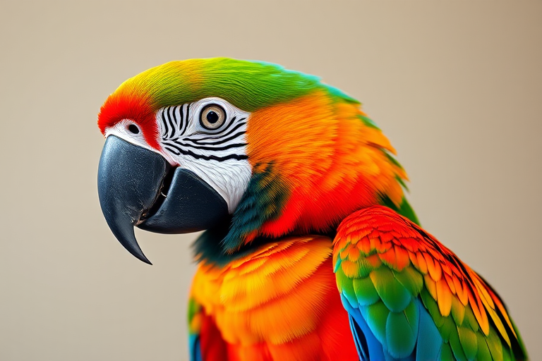 Create a high-resolution vector illustration of a colorful macaw parrot with vibrant green, blue, orange, and red feathers, set against a neutral background, using a Canon EOS R5 with an 85mm f/1.2 lens, aperture set to f/2.8 for a slight bokeh effect, and a soft light source to enhance details and colors.