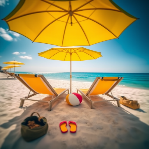create a beach scene with two lounge chairs under yellow umbrellas, a beach ball, flip-flops, and a bag, viewed from above, with vibrant colors and sharp focus, using a DSLR camera with a wide-angle lens, aperture set to f/8, ISO 100, and natural daylight for enhanced image quality