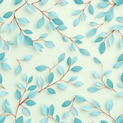 generate a seamless pattern of delicate teal leaves on a soft mint background, camera settings: f/8, ISO 100, shutter speed 1/60, camera view: top-down, camera style: high detail, camera type: DSLR