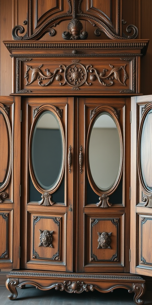 Create a detailed vintage wooden cabinet with an open design featuring ornate carvings, two circular mirrors on each door, soft lighting, 50mm lens, f/2.8 aperture, ISO 100, and a warm color tone for a cozy ambiance.