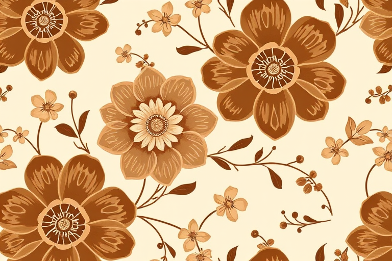 Create a seamless floral pattern featuring large brown and beige flowers with intricate designs, accompanied by smaller flowers and gentle vines on a light beige background.