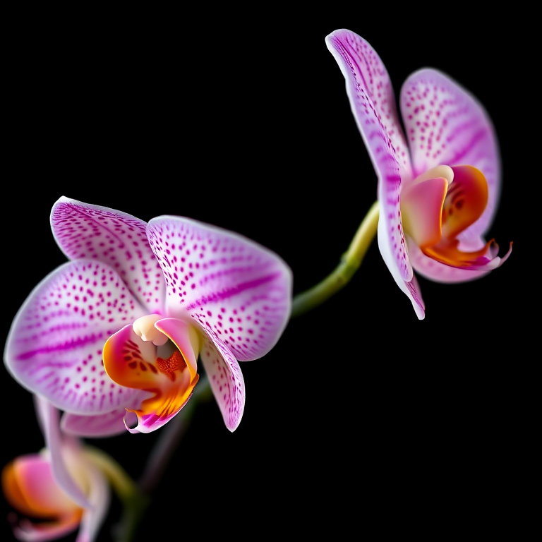 macro shot of a pink and yellow speckled orchid against a black background, aperture f/2.8, shutter speed 1/125 sec, ISO 100, 50mm lens, soft lighting, DSLR camera