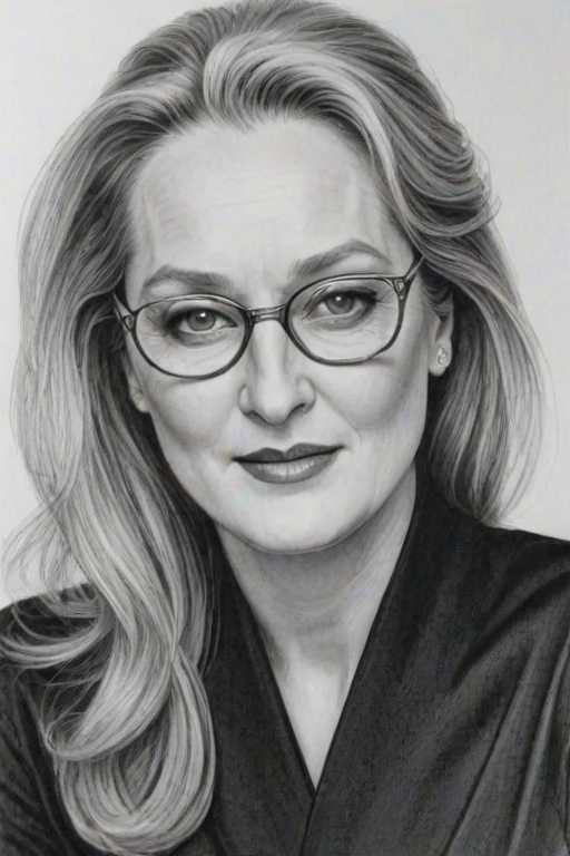Exquisite Meryl Streep, pencil sketch, portrait of Fascinating woman 1976s in glasses, hair style beatnik, outline, clear lines, fine lines, 8k