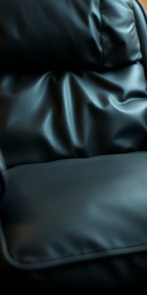Create a high-resolution image of a black leather recliner chair with detailed textures, soft lighting, taken in a close-up view using a DSLR camera at f/2.8 aperture, ISO 100, and a 50mm lens for sharp focus and depth of field.