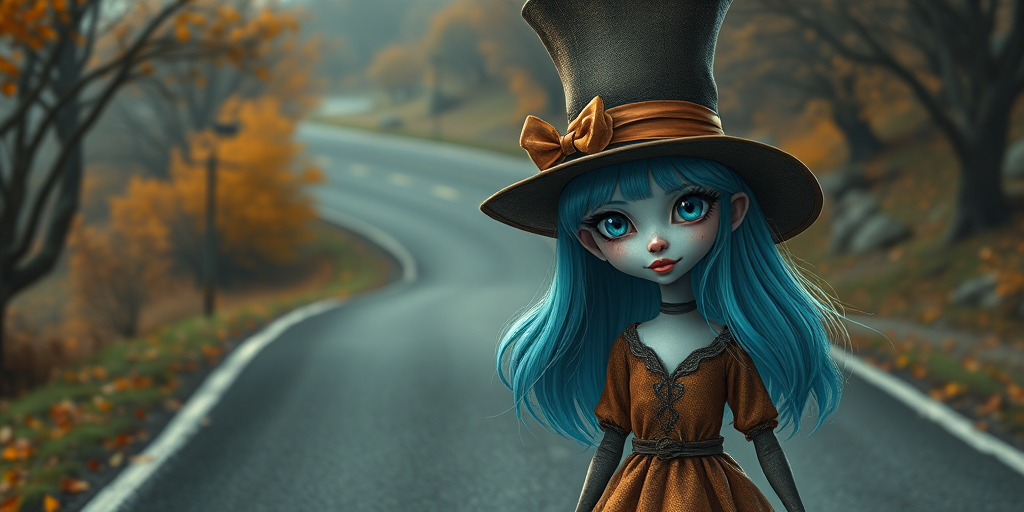 digital art fantasy depicting a strange girl with cyan hair, long eyelashes, white lipstick and a tall hat walking along a winding road on an autumn afternoon, an Cockroach smiles as she passes