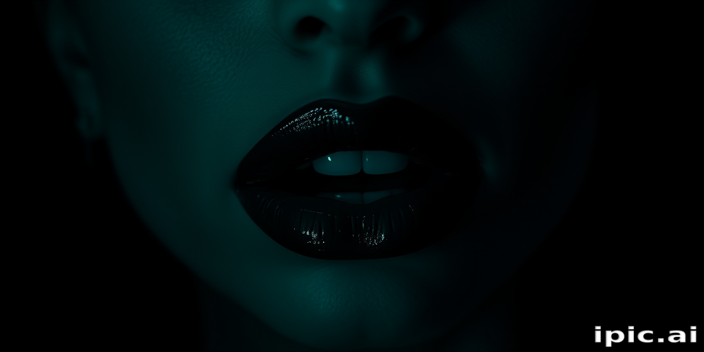 Mysterious dark emerald lips with a glossy sheen, showcasing rich jewel tones and depth, captured in a moody and atmospheric night-time portrait
