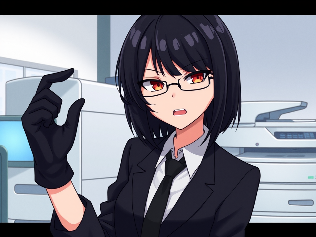 "1girl, solo, angry, black clothing, suit, tie, gloves, black hair, hair covering eye, bob haircut, partial fade, multicolored hair, long hair, glasses, open mouth, office, photocopier,